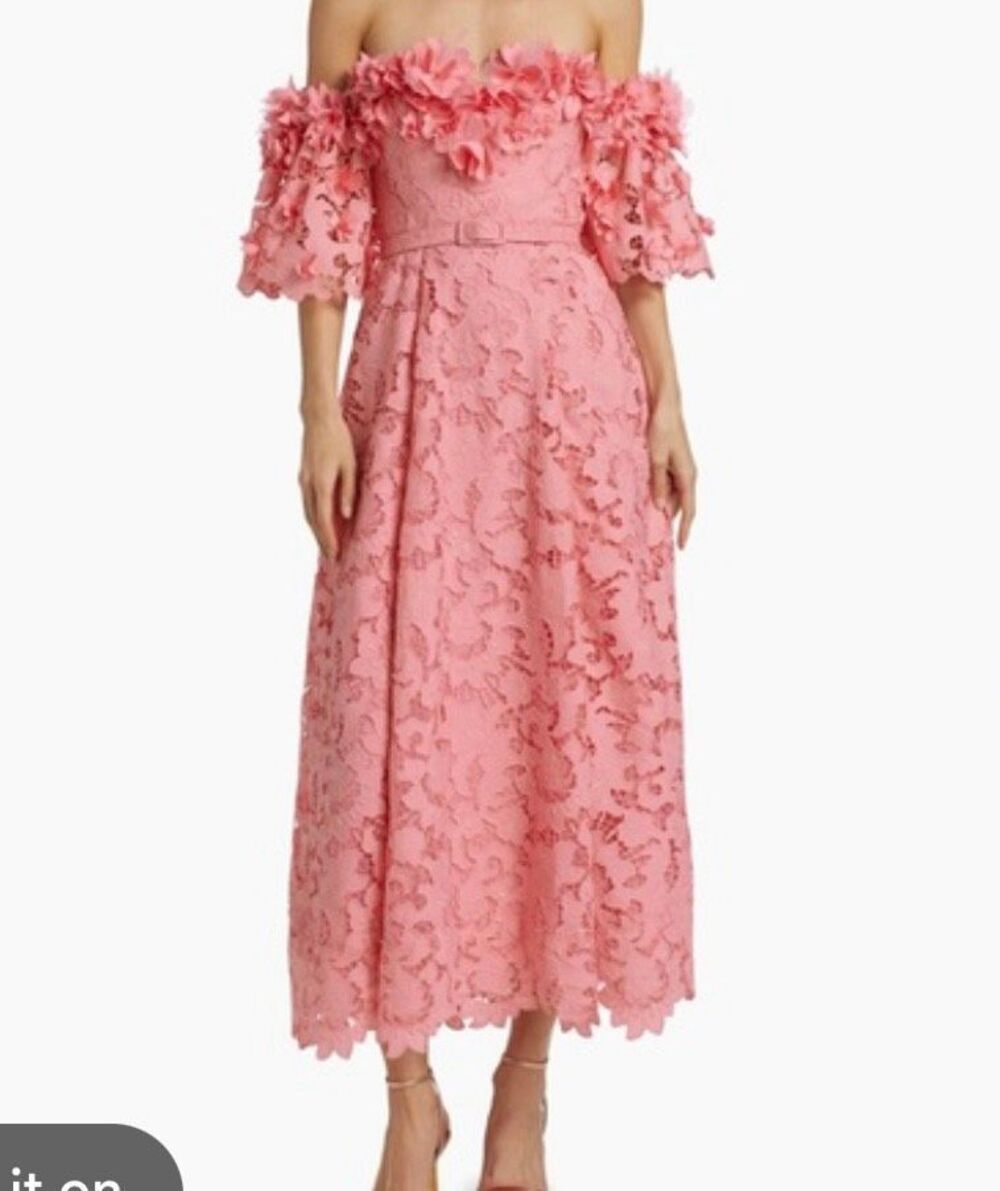 Badgley Mishka coral orange 3d floral off shoulder lace dress 6